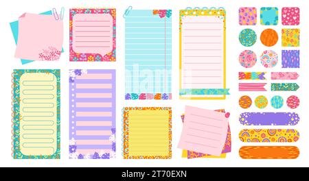 Notizpapier-Seite, Lesezeichen und Aufkleber mit abstraktem Muster. Schreibwaren-Elemente für die Planung. Wöchentlicher leerer Planer, Checkliste für Notizen, Vorlagenseite für Sticky. Isolierte Vektordarstellung Stock Vektor