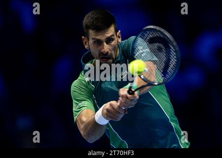 Turin, Italien. 12. November 2023. Während der Runde spielt robin Singles gegen xxxxx am ersten Tag des Nitto ATP Finals. Novak Djokovic gewann mit 7:6(4), 6:7(1), 6:3. Quelle: Nicolò Campo/Alamy Live News Stockfoto