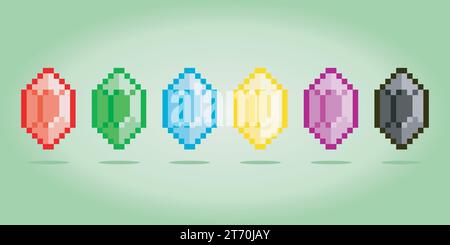 8-Bit-Pixel-Rubin. Edelsteine für Spielelemente und Kreuzstichmuster in Vektorillustrationen. Stock Vektor