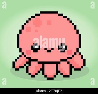 8-Bit-Pixel Oktopus. Tier für Spielelemente und Kreuzstichmuster in Vektorillustrationen. Stock Vektor