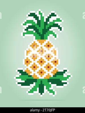 8-Bit-Pixel Ananas. Früchte für Spielelemente und Kreuzstichmuster in Vektorillustrationen. Stock Vektor