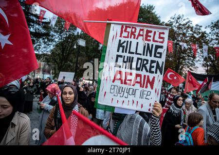 Istanbul, Türkei. November 2023. Palästinensische Unterstützer wurden mit Spruchbändern gegen Israel gesehen. Die Plattform der Palästinensischen Initiative bildete eine menschliche Kette von Edirnekapi bis Sultanahmet, um gegen Israels Angriffe auf Gaza zu protestieren. Quelle: SOPA Images Limited/Alamy Live News Stockfoto