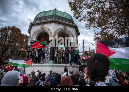 Palästinensische Anhänger, die zum Deutschen Brunnen auf dem Sultanahmet-Platz gingen, wurden gesehen, wie sie türkische und palästinensische Fahnen schwenkten. Die Plattform der Palästinensischen Initiative bildete eine menschliche Kette von Edirnekapi bis Sultanahmet, um gegen Israels Angriffe auf Gaza zu protestieren. (Foto: Onur Dogman / SOPA Images/SIPA USA) Stockfoto