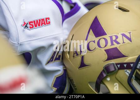 12. November 2023: Die Alcorn State Braves bereiten sich vor dem NCAA-Fußballspiel zwischen den Alcorn State Braves und den Texas Southern Tigers im Shell Energy Stadium in Houston, Texas, auf die Action vor. Texas Southern besiegte Alcorn State mit 44:10. Prentice C. James über Cal Sport Media Stockfoto