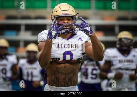 12. November 2023: Alcorn State Braves Running Back Jarveon Howard (0) bereitet sich auf das Vorspiel des NCAA-Fußballspiels zwischen den Alcorn State Braves und den Texas Southern Tigers im Shell Energy Stadium in Houston vor. Texas Southern besiegte Alcorn State mit 44:10. Prentice C. James über Cal Sport Media Stockfoto