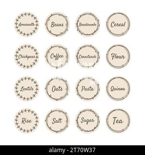 Etikettenset für Hülsenfrüchte und Hülsenfrüchte oder Getreide für Küchengläser. Etiketten für Bohnen, Kaffee und Pasta. Reis-, Quinoa- und Brotkrümel-Text im Vintage-Rahmen. Stock Vektor