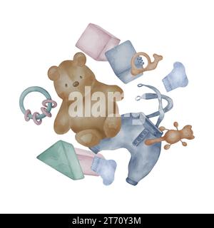 Illustration mit Teddybär, Babykleidung neutrale Farben isoliert auf weißem Hintergrund. Handgezeichneter Plüschbär in Pastelltönen. Bemalte Babyspielzeuge, Junge Stockfoto