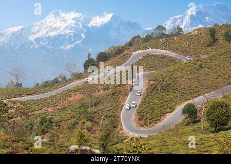 Gewundene Bergstraßen mit Teeplantagen an den Hängen und Blick auf die Himalaya-Bergkette Tinchuley im Bezirk Darjeeling, Indien Stockfoto