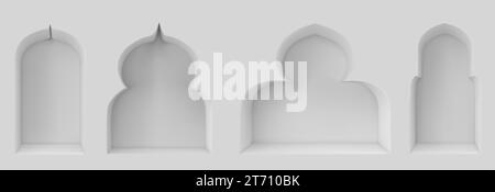 Arabische Fenster auf weißem Hintergrund. Realistische Vektor-Illustration des traditionellen islamischen Bogentors, der muslimischen Moschee, des arabischen Königspalastes, des alten indischen Baudesigns, des Architekturstils Stock Vektor