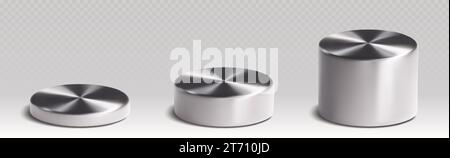 Silberne 3D-Zylinder isoliert auf transparentem Hintergrund. Vektor-realistische Illustration der Podeste aus Edelstahl, niedrige und hohe Produktausstellungsbühne mit glänzender Metalloberfläche, Knopfmodell Stock Vektor