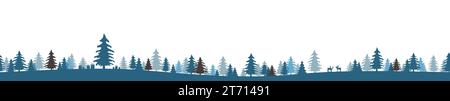 EPS 10 Vektordatei zeigt weihnachtszeit Natur Landschaft Panorama Hintergrund mit farbigen Tannen Wald, Geschenke, Elch und weißem Hintergrund Stock Vektor