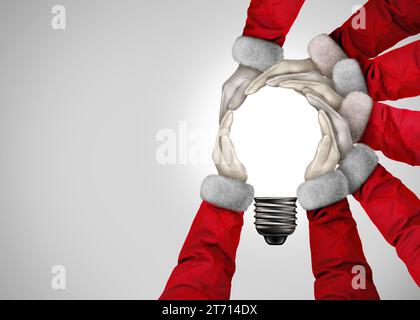 Weihnachtsideen als eine Gruppe von Weihnachtsleuten, die sich in Form einer inspirierenden Glühbirne als Silvester-Winterferien zusammenschließen Stockfoto