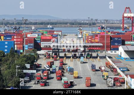 NANJING, CHINA - 13. NOVEMBER 2023 - Güterwagen fahren in Nanjing, Jiangsu, in geordneter Weise in das Containerterminal des Hafens Nanjing ein und verlassen es Stockfoto