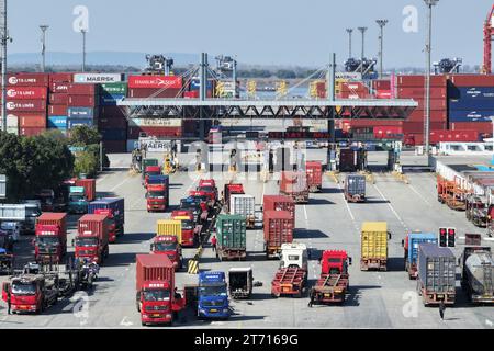 NANJING, CHINA - 13. NOVEMBER 2023 - Güterwagen fahren in Nanjing, Jiangsu, in geordneter Weise in das Containerterminal des Hafens Nanjing ein und verlassen es Stockfoto