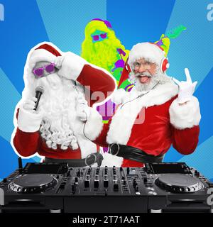 Winterferien buntes Kunstwerk. Weihnachtsklauseln spielen Musik am DJ-Controller vor farbigem Hintergrund, kreative Collage Stockfoto
