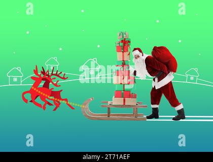 Winterferien buntes Kunstwerk. Weihnachtsmann mit Rentieren, die Geschenke auf farbigem Hintergrund liefern, kreative Collage Stockfoto