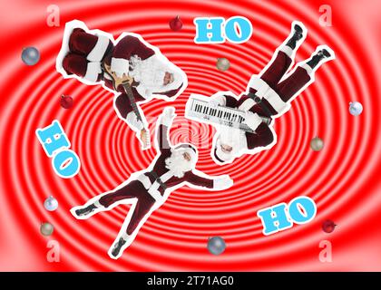 Winterferien buntes Kunstwerk. Weihnachtsklauseln spielen Musik vor farbigem Hintergrund, kreative Collage Stockfoto