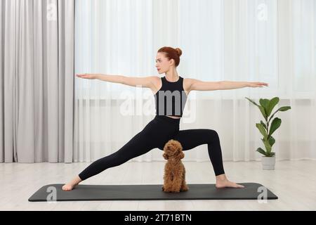 Junge Frau, die Yoga auf Matte übt, mit ihrem süßen Hund drinnen Stockfoto