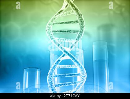 Wissenschaftslaborteströhrchen mit DNA auf wissenschaftlichem Hintergrund. 3D-Abbildung Stockfoto