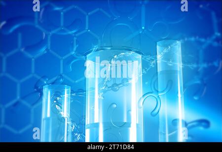 Wissenschaftslaborteströhrchen mit DNA auf wissenschaftlichem Hintergrund. 3D-Abbildung Stockfoto