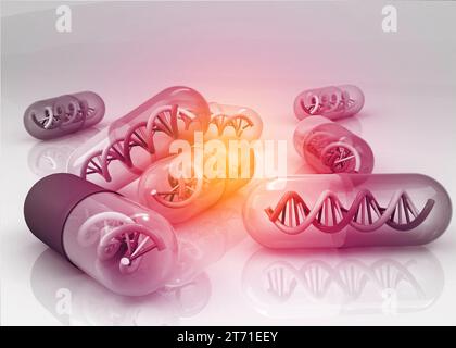 DNA-Pillen, genetische Medizin. 3D-Rendering Stockfoto