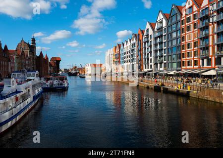 10.06.2022: Schöne Architektur von Gebäuden am Damm in Danzig. Moderne Häuser über dem Fluss Motlawa. Polen Stockfoto