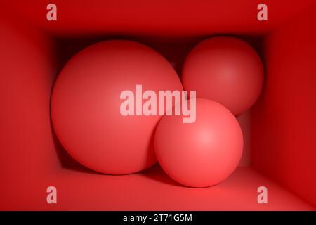 Abstraktes minimalistisches Hintergrunddesign mit roten Kugeln in einer Box. 3D-Rendering. Stockfoto