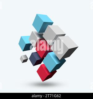 Schwebendes farbenfrohes 3D-Cubes, isoliert auf weißem Hintergrund. Mockup-Hintergrund für Banner, Poster, Flyer, Karte, Postkarte, Umschlag und Broschüre. 3D-Rendering. Stockfoto