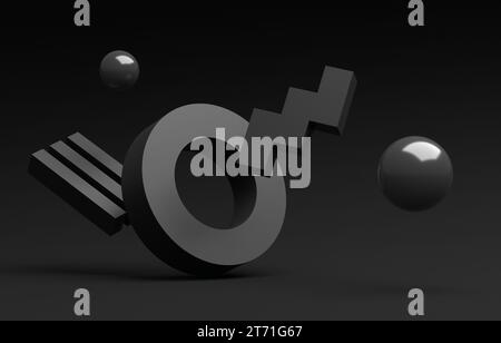 Abstrakte geometrische Formen, die auf schwarzem Hintergrund schweben. 3D-Wiedergabe abstrakter Kunst. Stockfoto