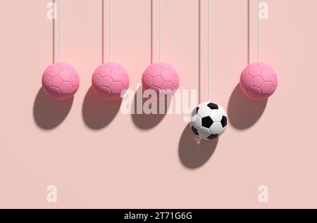 Abstrakte rosa Fußballbälle mit einem klassischen schwarz-weißen Fußball, der auf rosa Hintergrund hängt. Individualität, sich von der Menge abheben und ori Stockfoto