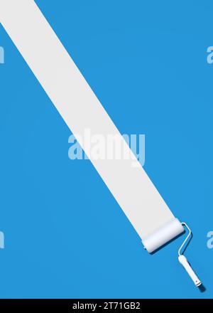 Pinsel mit weißer Farbspur auf blauem Hintergrund. Abstraktes 3D-Rendering. Stockfoto