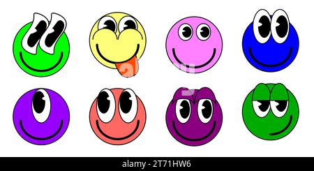 Cartoon-Sammlung von groovy lustigen Cartoon-Smile-Charakteren, Vintage. Lustige Comic-Aufkleber mit hellen Emoticon-Stickereien Stock Vektor