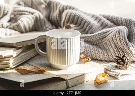 Herbstkomposition mit einem strukturierten Becher und einem Buch auf der Fensterbank. Stockfoto