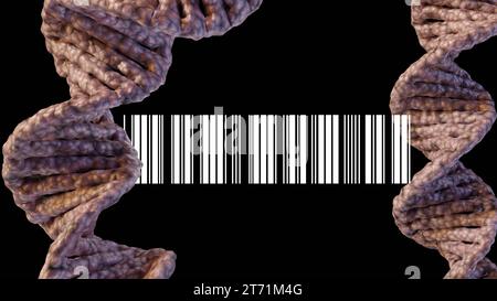 Isoliertes Nahaufnahme-DNA-Helix- und Barcode-3D-Rendering Stockfoto