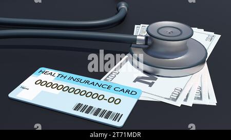 Eine 3D-Darstellung einer Krankenversicherungskarte, eines Stethoskops und verstreute $100-Scheine. Stockfoto