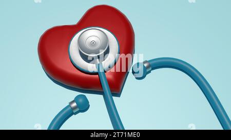 Ein einzelnes Stethoskop und eine rote Herzform werden in einem 3D-Rendering auf einem isolierten Hintergrund angezeigt. Stockfoto