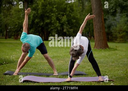 Seniorenpaar, das während des Physiotherapiekurses auf der Natur Aufwärmübungen macht Stockfoto