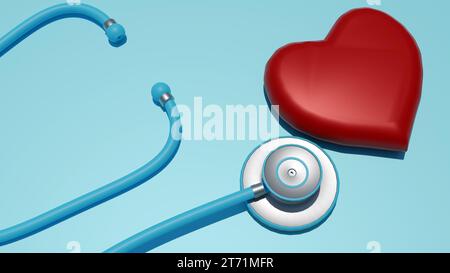 Ein einzelnes Stethoskop und eine rote Herzform werden in einem 3D-Rendering auf einem isolierten Hintergrund angezeigt. Stockfoto