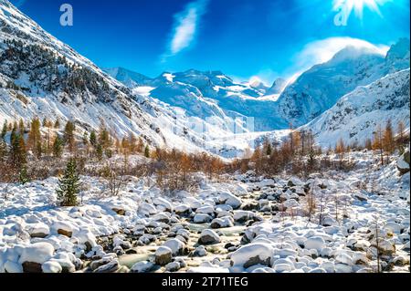 Nahaufnahme des Morteratschgletschers im Winter, Engadin, Schweiz. Stockfoto