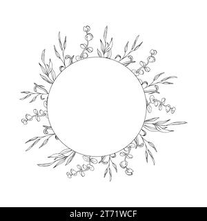 Floral Circle Frame, Line Art Hand gezeichneter Eukalyptus Blätter Kranz, Vektor Illustration für Karte oder Hochzeitseinladung. Isoliert auf weißem Hintergrund Stock Vektor