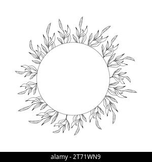 Floral Circle Frame, Line Art Hand gezeichneter Eukalyptus Blätter Kranz, Vektor Illustration für Karte oder Hochzeitseinladung. Isoliert auf weißem Hintergrund Stock Vektor