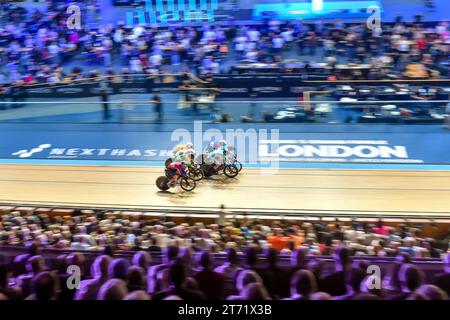 Das Ausscheidungsrennen der Frauen während der 5. Runde der UCI Track Champions League 2023 im Lee Valley VeloPark in London, England am 11. November 2023. Foto von Phil Hutchinson. Nur redaktionelle Verwendung, Lizenz für kommerzielle Nutzung erforderlich. Keine Verwendung bei Wetten, Spielen oder Publikationen eines einzelnen Clubs/einer Liga/eines Spielers. Stockfoto