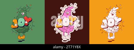 Weihnachtsfigur mit groovigem Maskottchenbaum mit den Buchstaben „Joy“ und „Girlande“. Tricolor-Hintergrund festlegen. Stock Vektor