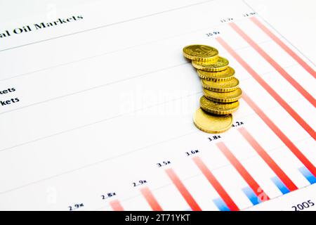 Münzen oben auf der Seite der Finanzzeitungen mit Börsendiagrammen; Münzen oben auf der Seite der Finanzzeitungen mit Börsendiagrammen Stockfoto