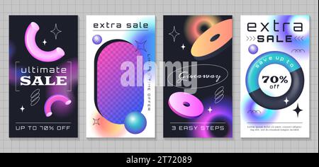 Set mit trendigen Postern für soziale Medien. Cover, ig-Story-Vorlage mit geometrischen Verlaufsformen und Rahmen für Text. Moderne Banner mit realistischen 3D-Objekten in verschiedenen Formen für Werbeaktionen und Werbung Stock Vektor
