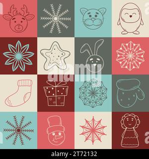 Wintermuster mit Charakteren und Schneeflocken im Retro-Stil. Gemütlicher Weihnachtshintergrund mit Schneemann, Hirsch, Hase, Engel, Pinguin. Festlicher Aufdruck Stock Vektor