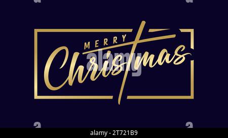 „Merry Christmas“-Postkartendesign. Goldener Text und dunkler Hintergrund. Kreative Grußkarte. Moderner Stil mit glänzend goldenem Farbverlauf. Horizontales Banner. Stock Vektor