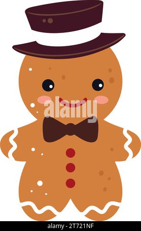 Süßer Weihnachtskuchenmann Keks im Hut. Weihnachtsdekoration im Cartoon-Stil. Winterurlaub-Element. Vektorabbildung. Stock Vektor