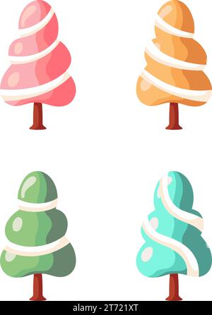 Niedliche bunte Winterbäume. Weihnachtsdekoration im Cartoon-Stil. Winterurlaub-Element. Vektorabbildung. Stock Vektor