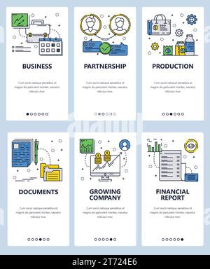 Vorlage für Linear-Art-Onboarding-Bildschirme der Vektor-Website. Geschäftspartnerschaft und Finanzsymbole. Menübanner für die Entwicklung von Websites und mobilen Apps. Stock Vektor